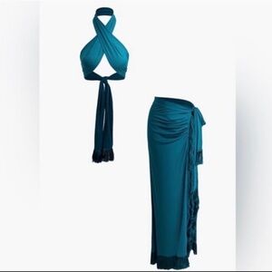 MICAS | Cross Halter Knot Tassel Backless Tank Top and Split Maxi Skirt